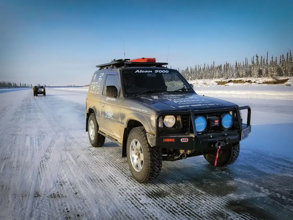 Driving on an ice road on the 2020 Alcan 5000 Rally Driving on an ice road on the 2020 Alcan 5000 Rally