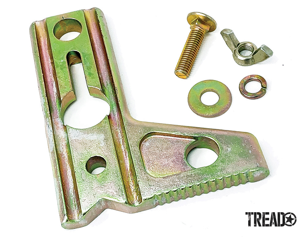 Convert your standard-model Hi-Lift jack into a more versatile, multi-use tool for extreme applications with the Winch-Clamp-Spreader attachment for Hi-Lift jacks. Brass-looking part with washers, bolt, and wingnut.