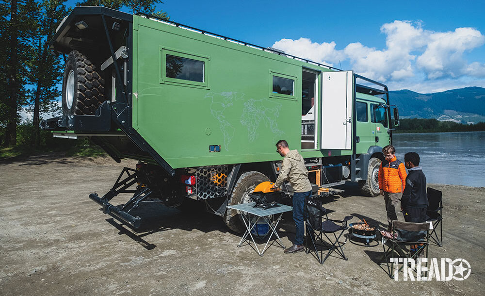 A built-in outdoor kitchen, Webber BBQ and propane fire pit together make setting up camp easy and quick.