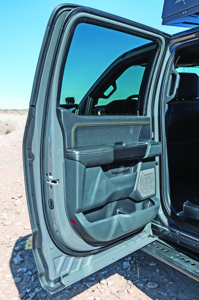 Yellow stitching on the interior of the doors.