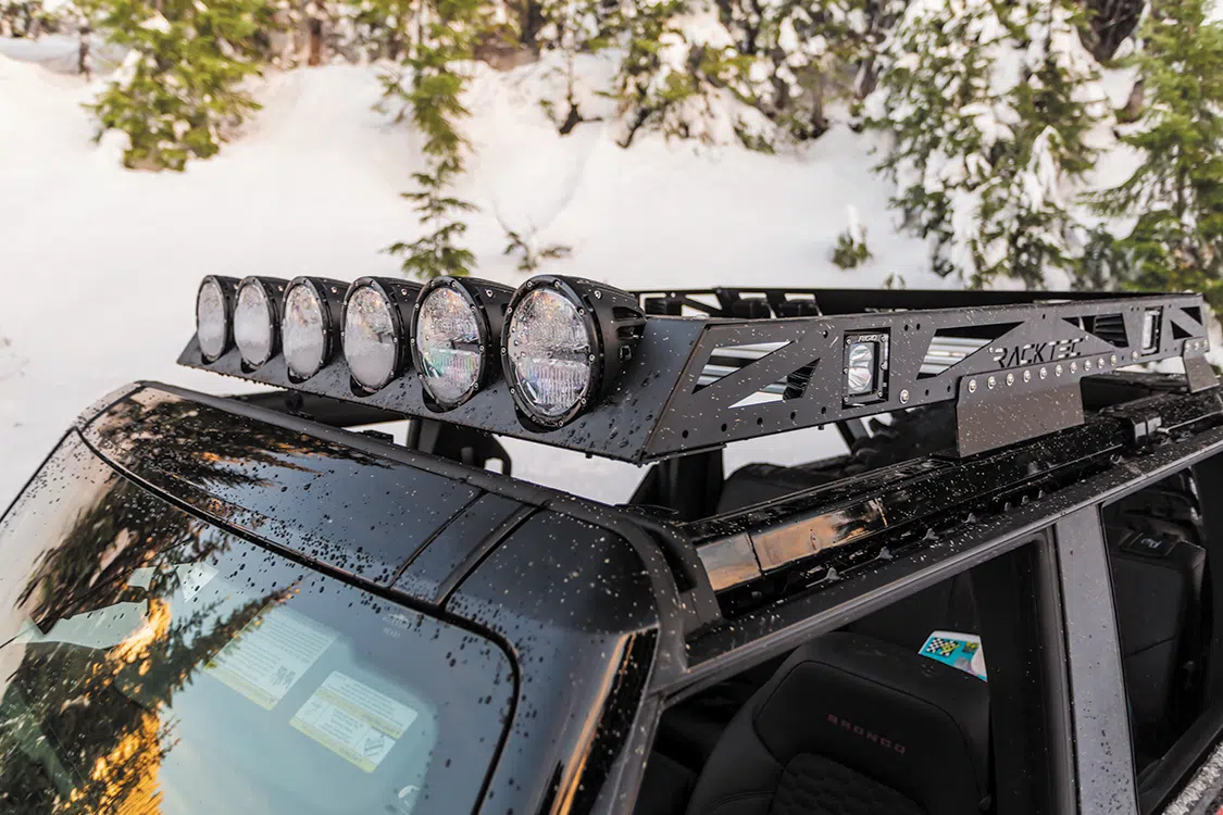 The Racktek roof rack is fully outfitted with Rigid 360 series 6-inch front lights